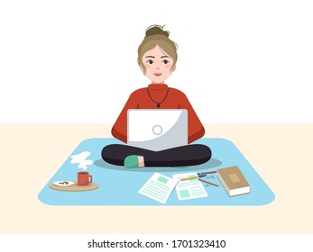 work at home concept design. woman sit on floor and use laptop to work in her house with equipment for working. vector, illustration.