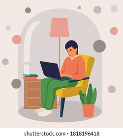 Work at home concept design. Woman working with laptop and testing ui and ux. Vector illustration Online study, education. Freelance woman working on laptop at her house, dressed in home clothes.