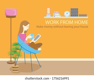 Work at home concept design. Young people, woman freelancers working on laptops and computers at home, Online study, education, Vector illustration.