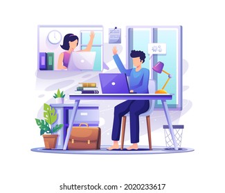 Work at home concept design. a young man and woman remote working on the laptop. work from home. Flat vector illustration