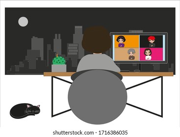 Work at home concept design.People work at home to prevent virus infection. Home office workplace.  Freelance woman working on laptop at her house.Multiethnic business team using laptop for a online.