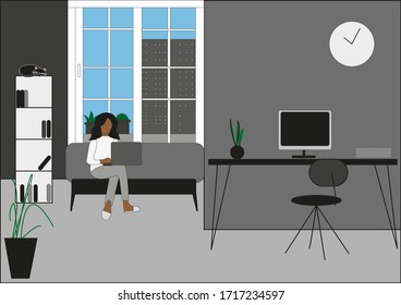 Work at home concept design.People work at home to prevent virus infection. Home office workplace.  Freelance woman working on laptop at her house