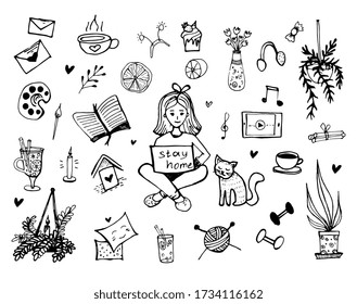  Work From Home Concept Doodle Set. Hobbies and entertainment at home isolated. Freelancer, work at home. Vase with flowers, tablet, orange, girl with laptop, book, cupcake, internet.