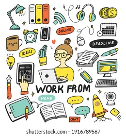 WorK From Home Concept Doodle Vector Design Element