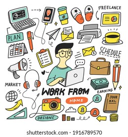 WorK From Home Concept Doodle Vector Design Element