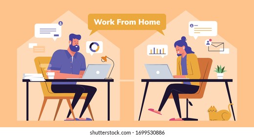 Work from home concept in flat design, with a man and woman staying at home using their computer to make online conference