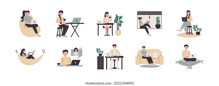 Conjunto de ilustración plana Work From Home Concept. Incluya de la computadora portátil, de trabajo, inalámbrica, freelancer, oficina en casa y más. Ilustración vectorial aislada.