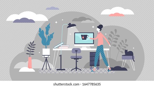 Work from home concept, flat tiny person vector illustration. Freelancer remote office workplace interior setup with desk, chair and computer. Girl designer enjoying daily life routine and freedom.