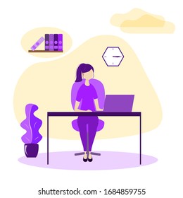 Work from home concept, flat tiny person vector illustration. Freelancer remote office workplace interior setup with desk, chair and computer. Girl designer enjoying daily life routine and freedom.