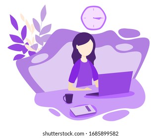 Work from home concept, flat tiny person vector illustration. Freelancer remote office workplace interior setup with desk, chair and computer. Girl designer enjoying daily life routine and freedom
