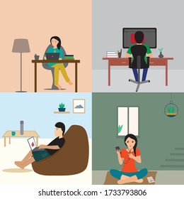 Work from home concept- four people stay and working from home