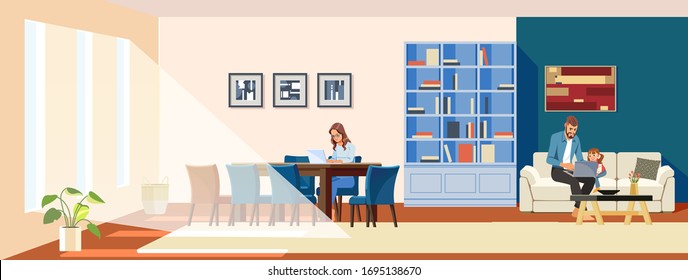 Work at home concept. Freelance female mother with a laptop sitting on a chair. A father and child watch a laptop in a cozy home interior. Cute illustration in a cartoon flat style.