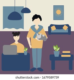 Work at home concept, freelance and telecommuting subject. Man and girl works at home, creative vector