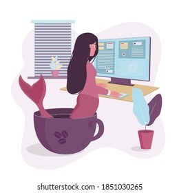 Work at home concept. Girl mermaid in a cup with coffee. Vector illustration.