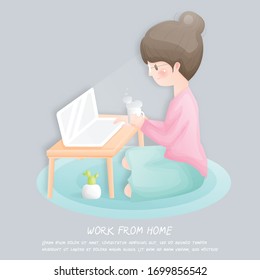 Work from home concept with girl using laptop.