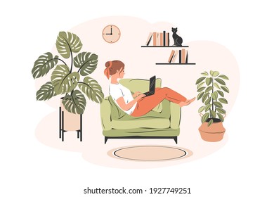 Work from Home Concept. The girl working in comfortable conditions from home, student or freelancer. Home office,  online training, quarantine concept. Vector illustration in flat style