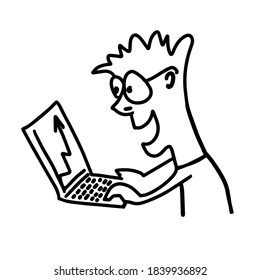 Obra del concepto del hogar, dibujado a mano, estilo de doodle de la ilustración vectorial. Hombre con computadora.
