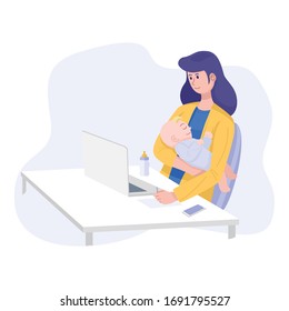 Work From Home Concept, Happy Mother With Her Baby Working On Laptop Computer At Home. Vector