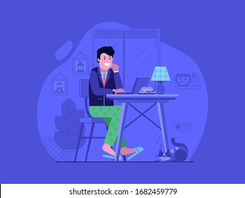 Work from home concept with happy young man in suit and pajama using laptop. Cheerful freelancer guy working online buy night on internet. Self isolation remote job illustration with employee and cat.