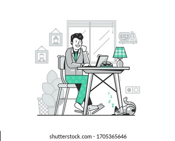 Work from home concept with happy young man in suit and pajama using laptop. Cheerful freelancer guy working online buy night on internet. Self isolation remote job illustration with employee and cat.