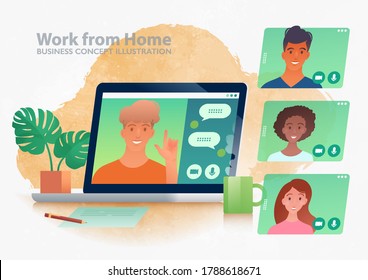 Work from home concept illustration with a business discussion between coworkers via video Call app on the laptop computer.