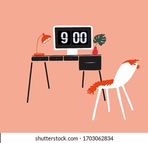 Work from home concept illustration. Desktop computer on mid century table with lamp and monstera leaf in vase. Modern chair with blanket on orange background. Clock on screen shows 9 am, Cozy room