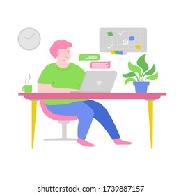 Work at home concept illustration flat cartoon style. Home quarantine concept. Modern flat character. Vector 10 eps