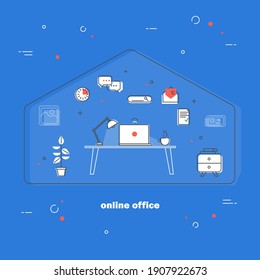 Work from home concept illustration. Freelance lifestyle. Office desk table with a laptop. Online office, workspace.Trendy illustration