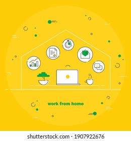 Work from home concept illustration. Freelance lifestyle. Office desk table with a laptop. Online office, workspace.Trendy illustration