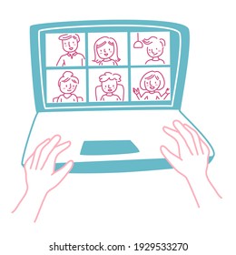 Work From Home Concept With Image Of Laptop Monitor Showing Several Users Using Video Conference Online. Top View Of Hands Over Keyboard Using Computer Meeting Online.