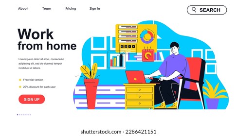 Work from home concept for landing page template. Man freelancer working online at laptop. Comfortable freelance workplace people scene. Vector illustration with flat character design for web banner