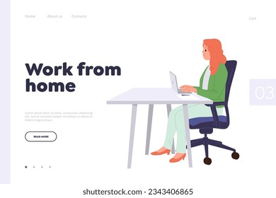 Work from home concept for landing page design template with happy freelance woman using laptop