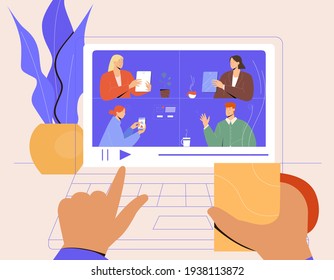 Trabajo desde el concepto de casa. Pantalla portátil, lugar de trabajo. Comunicación remota en Internet. Videoconferencia. Ilustración vectorial en estilo plano