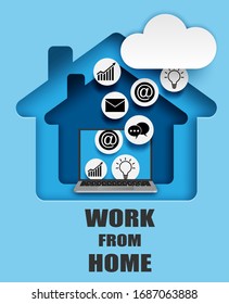  Arbeiten Sie von zu Hause Konzept. Notebook zu Hause, das mit Cloud-Technologie arbeitet. Vektorillustration.

