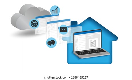 Work from home concept. laptop in home working with cloud technology. Vector.
