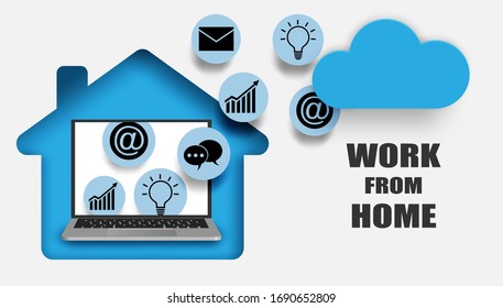  Trabajo desde el concepto de casa. portátil en casa que trabaja con tecnología en la nube. Vector.
