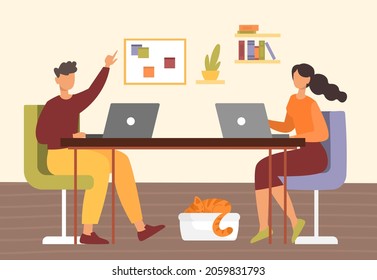 Work from home concept. Man and girl sitting at laptop in apartment. Comfortable workplace, workflow. Modern technology, internet. Cartoon flat vector illustration isolated on white background