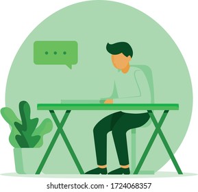 work at home concept, man in green hue working from his desk at home isolated on white background