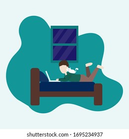 Work at home concept. Man work on his bed with white cat in green bed room.