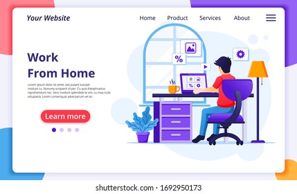 Work from home concept, A man sitting at desk and work on laptop, stay at home, Quarantine during the Coronavirus Epidemic. Modern flat web landing page design template. Vector illustration