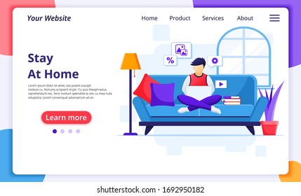 Work from home concept, A man sitting on sofa using laptop, stay at home on quarantine during the Coronavirus Epidemic. Modern flat web landing page design template. Vector illustration