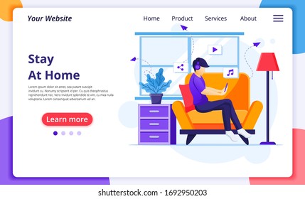 Work from home concept, A man sitting on sofa listening music, stay at home on quarantine during the Coronavirus Epidemic. Modern flat web landing page design template. Vector illustration