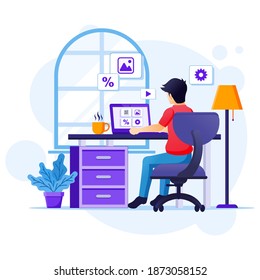 Work from home concept, A man sitting at desk and work on laptop, stay at home, Quarantine during the Coronavirus Epidemic illustration