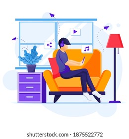 Trabajo desde el concepto del hogar, Un hombre sentado en un sofá escuchando música, se queda en casa en cuarentena durante la ilustración de la Epidemia del Coronavirus
