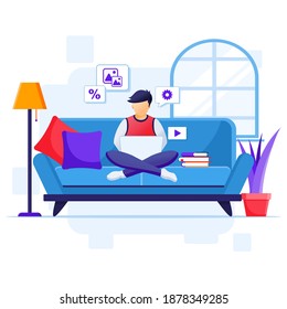 Work from home concept, A man sitting on sofa using laptop, stay at home on quarantine during the Coronavirus Epidemic illustration