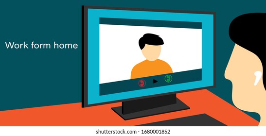 Work from home concept. Man video conference on home. Vector illustration in flat design.