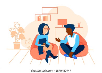 Work at home Concept. Man and women cooperation. Team. Family. Relaxation. Work wherever  in comfortable conditions. Creating ideas. Business. Freelance. Hand drawing. Flat vector illustration.