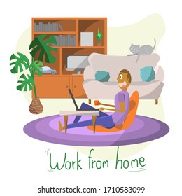 Work from home concept, a man working at his desk in a living room with a cat on a sofa, stay safe by social distancing