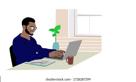 Work from home concept, man working at a computer in the room, vector illustration.