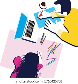 Work from home concept. Man works on laptop with baby girl drawing and playing around. Family together. 